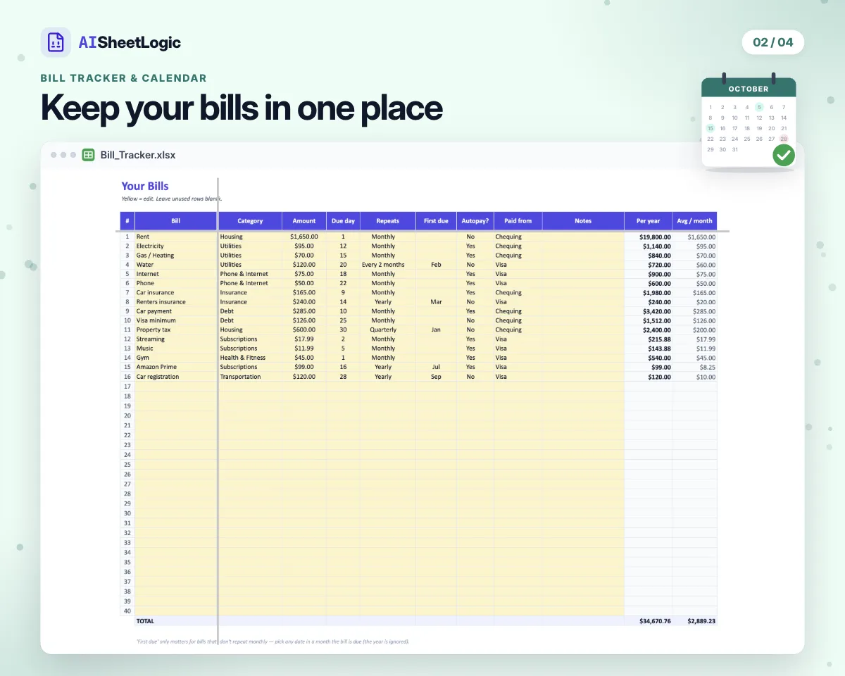 Actual Bill Tracker & Calendar bills screenshot in Google Sheets with sample data. Amounts, due days, frequency, autopay and payment accounts.