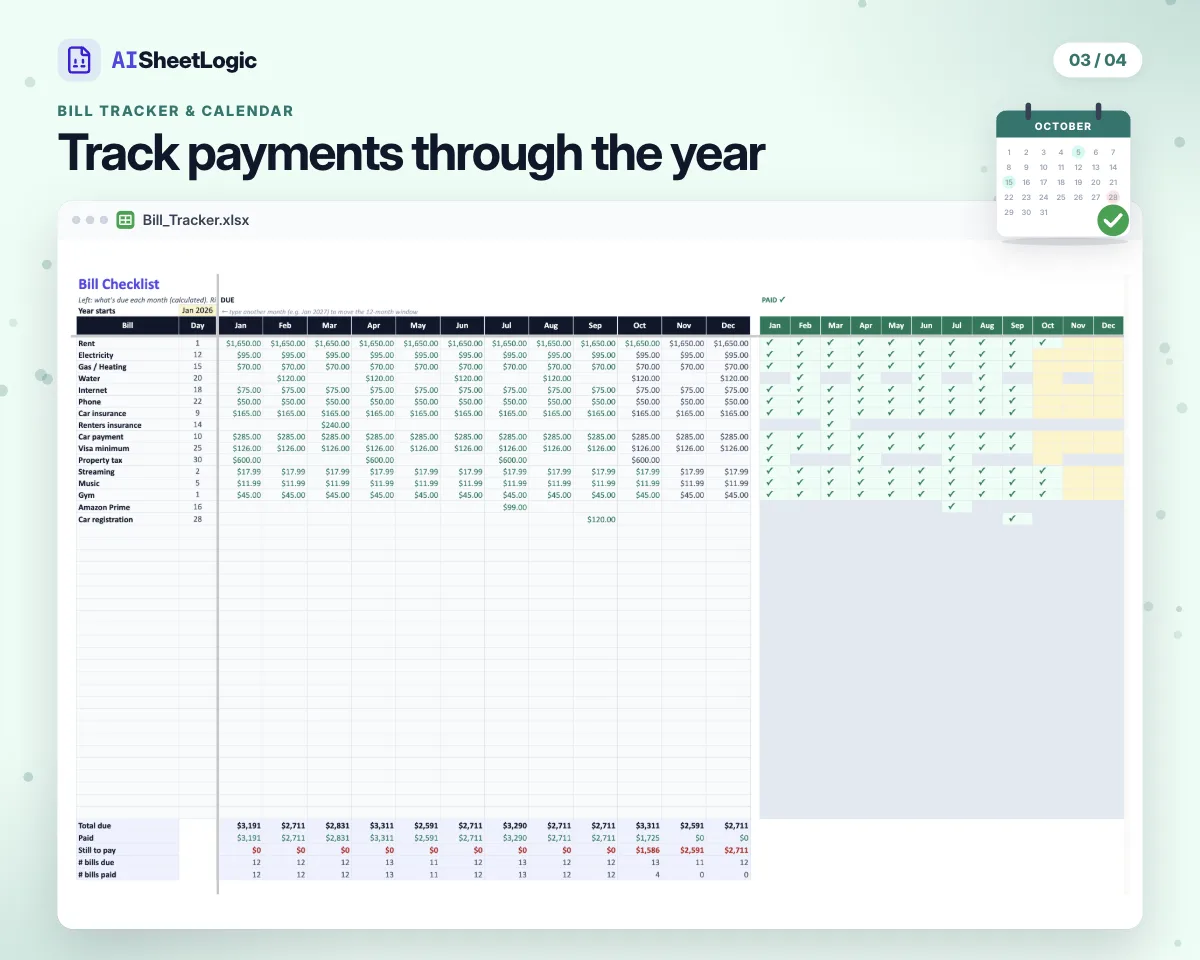 Actual Bill Tracker & Calendar checklist screenshot in Google Sheets with sample data. Monthly amounts and paid markers, with annual totals.