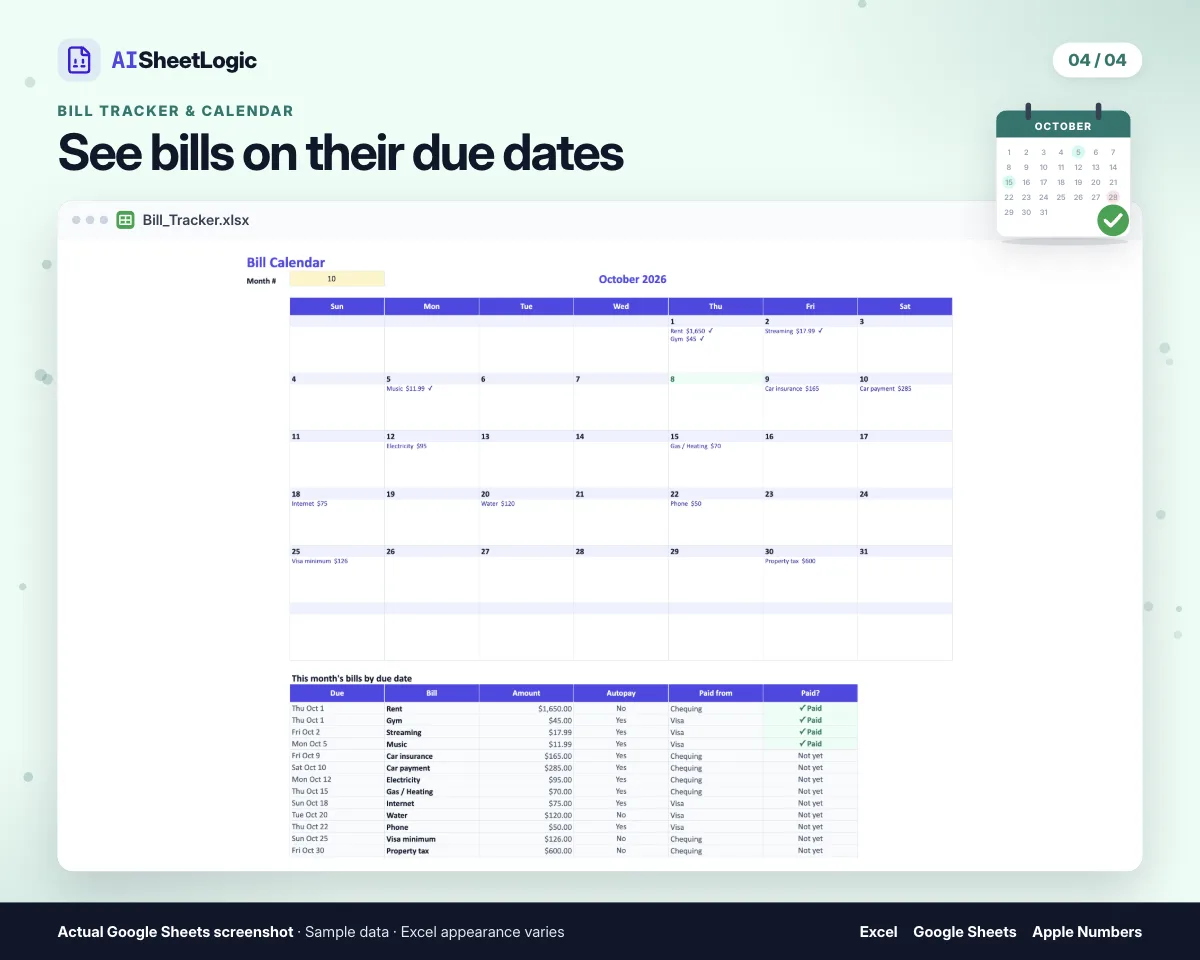 Actual Bill Tracker & Calendar calendar screenshot in Google Sheets with sample data. The actual monthly calendar and dated bill list.