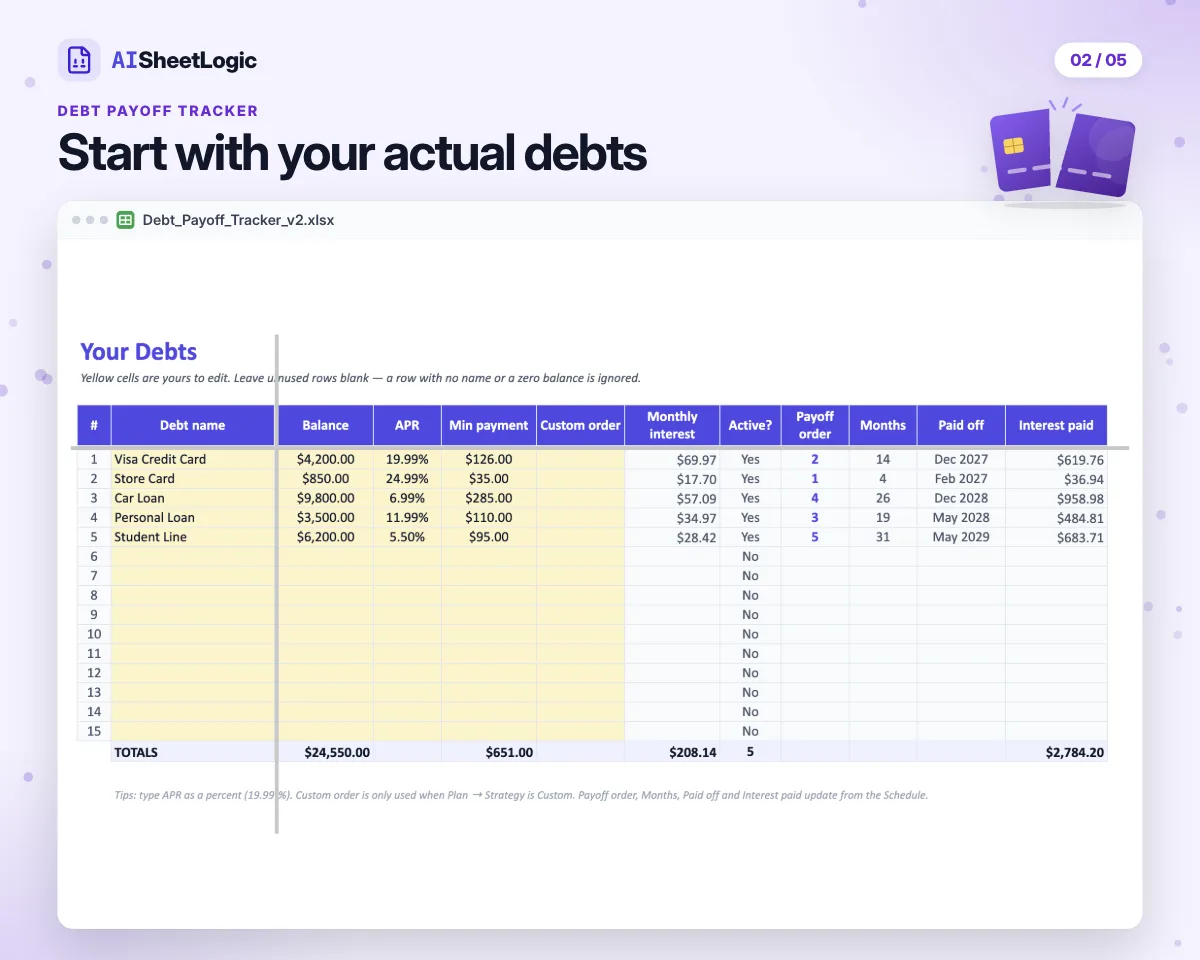Actual Debt Payoff Tracker debts screenshot in Google Sheets with sample data. Balances, APRs, minimum payments and payoff forecasts.