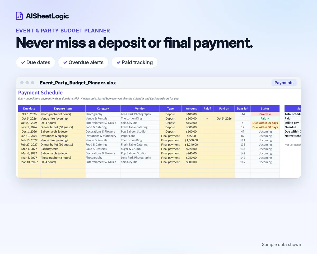 Event & Party Budget Planner payment schedule with sample data. Deposits and final payments with due dates, days left and status.