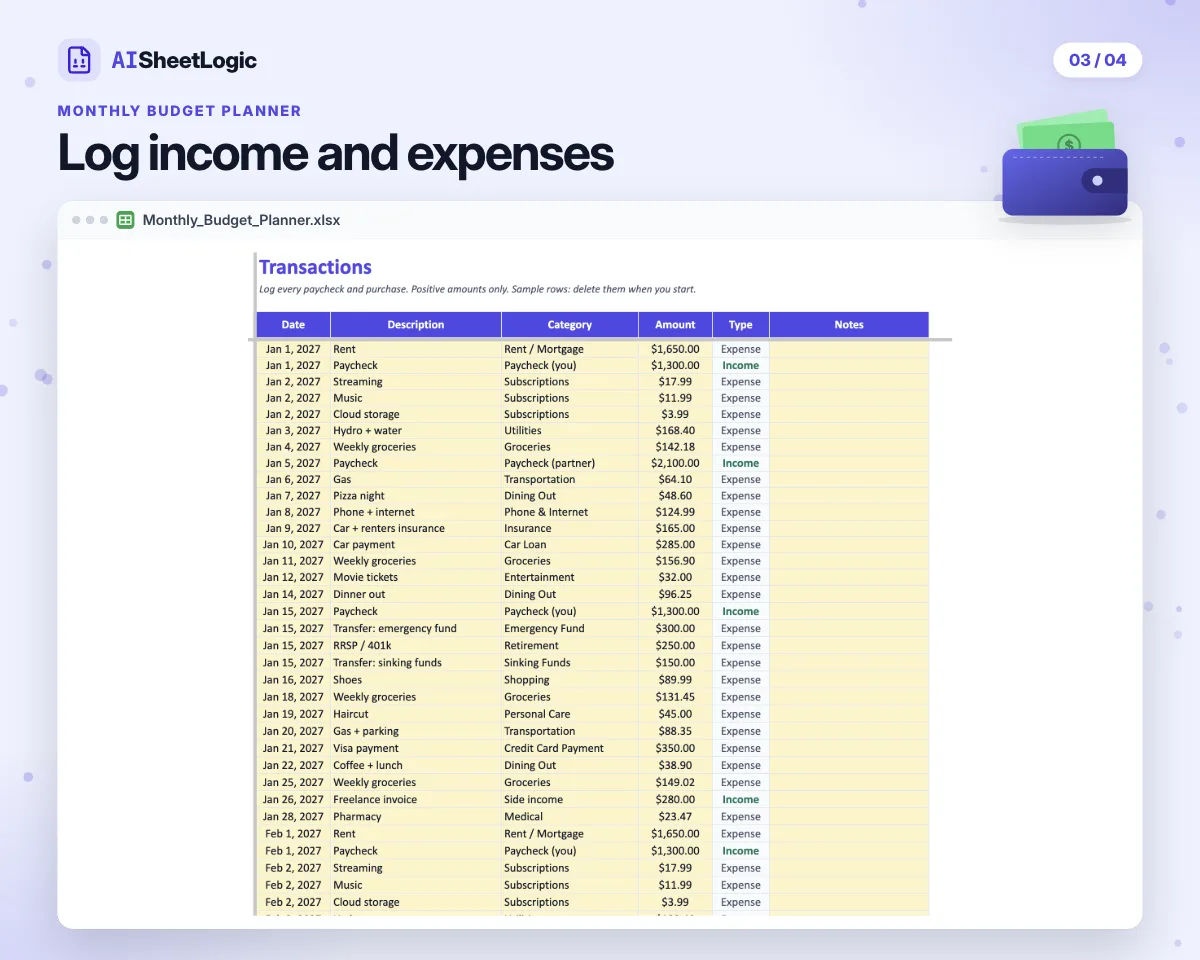 Actual Monthly Budget Planner transactions screenshot in Google Sheets with sample data. A close-up of the transaction log with sample entries.