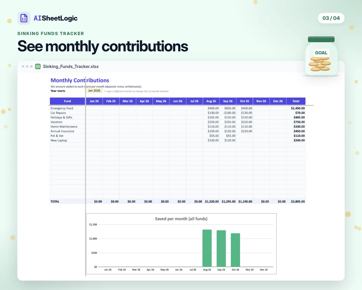 Actual Sinking Funds Tracker monthly screenshot in Google Sheets with sample data. A year of contributions by fund, plus the monthly savings chart.
