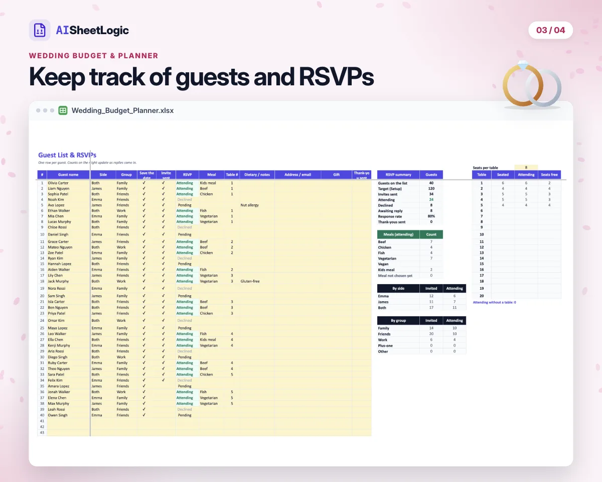 Actual Wedding Budget & Planner guests screenshot in Google Sheets with sample data. Guest list excerpt, RSVP status, meal choices and summaries.
